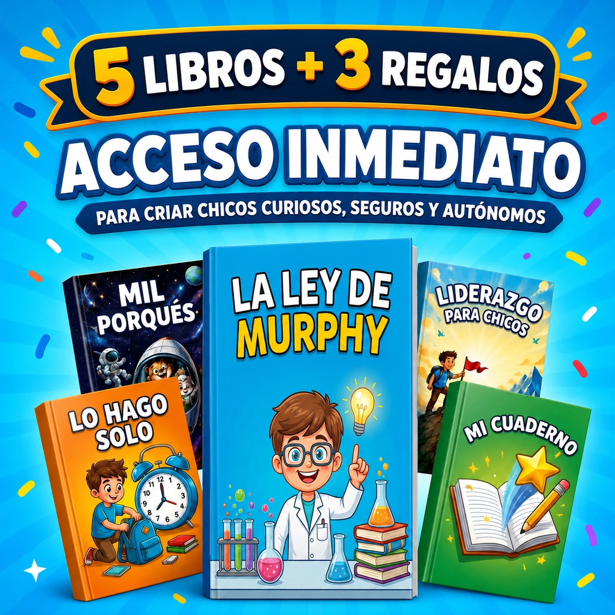 Paquete completo con cinco libros y tres regalos