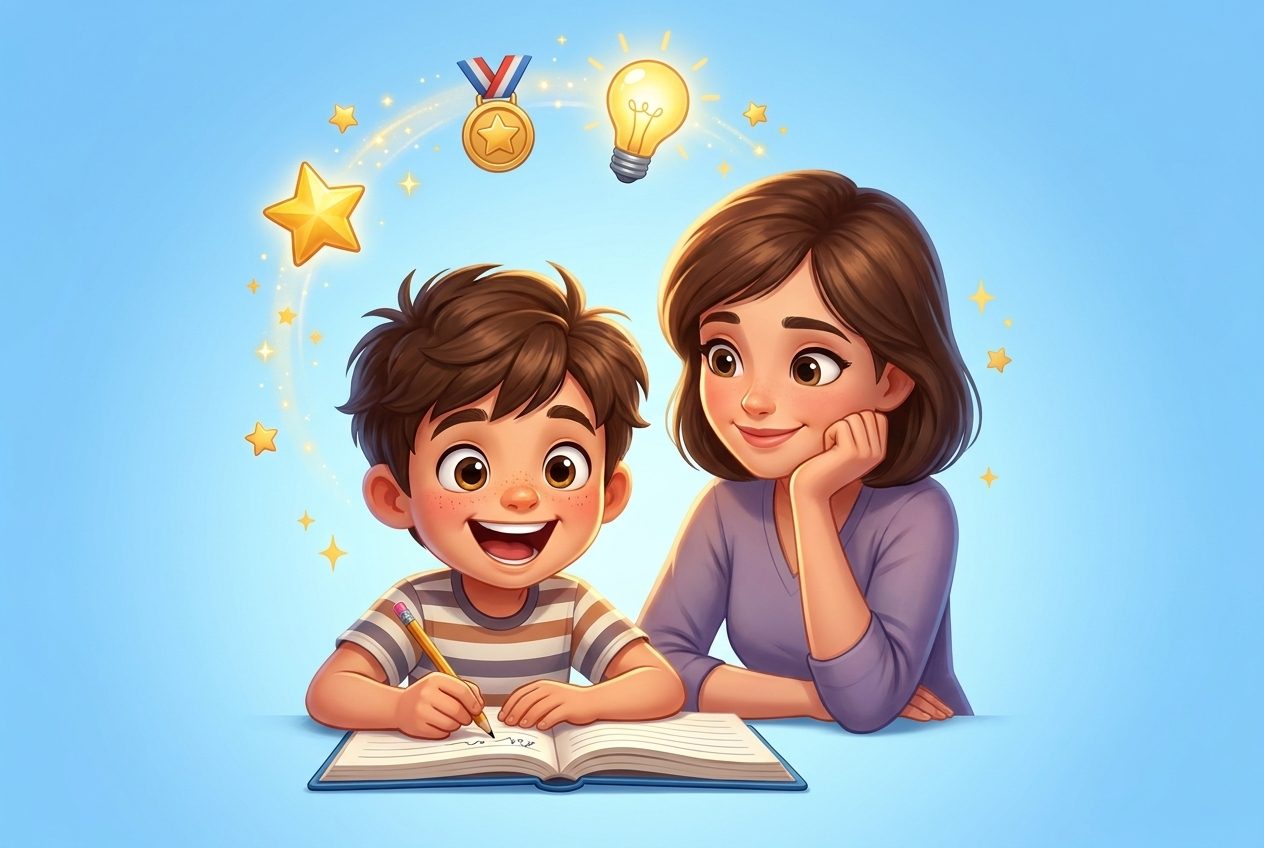 El mismo niño escribiendo concentrado, con su mamá al lado